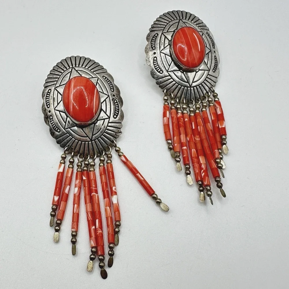 Navajo Sterling Silver Coral Dangle Earrings TK Emerson Southwestern Pierced 3